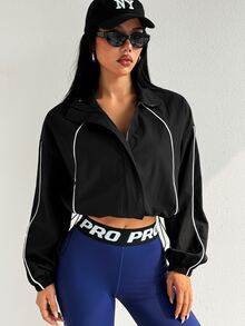 SHEIN Dewbera Women's Colorblock Stand Collar Short Fashion Casual Sports Jacket - Black - View 1