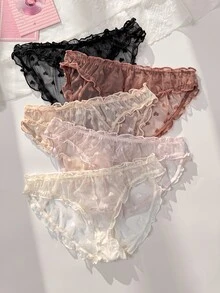 PetitDoll 5pcs Random Heart Direction Sweet Heart Jacquard Mesh Ruched Ruffle Back Hollow Triangle Set - Multicolor - View 5