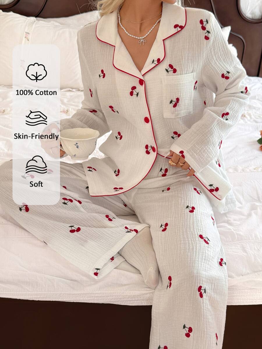 CottageSlumber Women's 100% Cotton Embroidered Cherry Print Open Front White Pajama Set - White - View 1
