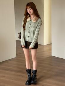 K-Vae Women's Autumn/Winter Green Fur Collar Patchwork Horn Button Sweet Versatile Sweater - Cadet Blue - View 4