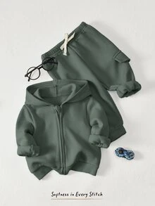 Cozy Pixies 2件組男嬰純色藍色拉鍊連帽衛衣與抽繩長褲套裝 - 綠色 - 查看 3