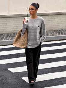 Muchica Women's Knit Striped Loose Long Sleeve T-Shirt - Light Grey - View 4