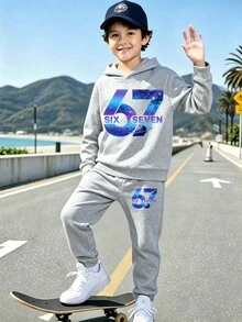 SHEIN Tween Boys Galaxy Letter Graphic Hoodie & Jogger Pants Set, Grey & Blue (2 Pcs) Fall Winter - Light Grey - View 3
