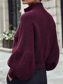 RosyDaze Wine Red Stand Collar Zipper Short Knit Cardigan Plus Size Women's Lantern Petal Sleeve Raglan Sleeve Ribbed Sweater Jacket Autumn/Winter - Burgundy - View 2