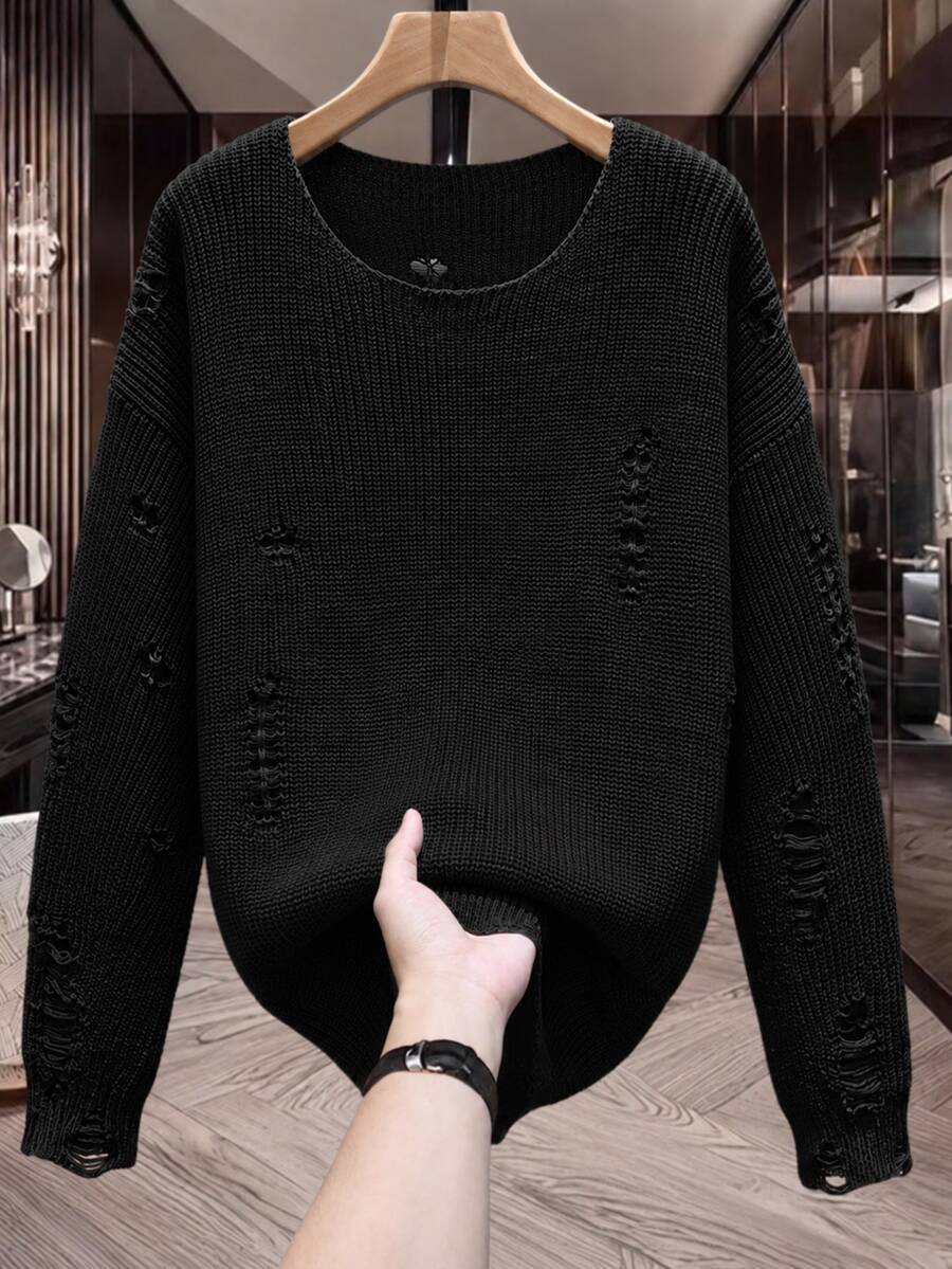 Manfinity CasualKnits 男士純色圓領落肩長袖做舊休閒毛衣,男孩秋冬日常新款 - 黑色 - 查看 1