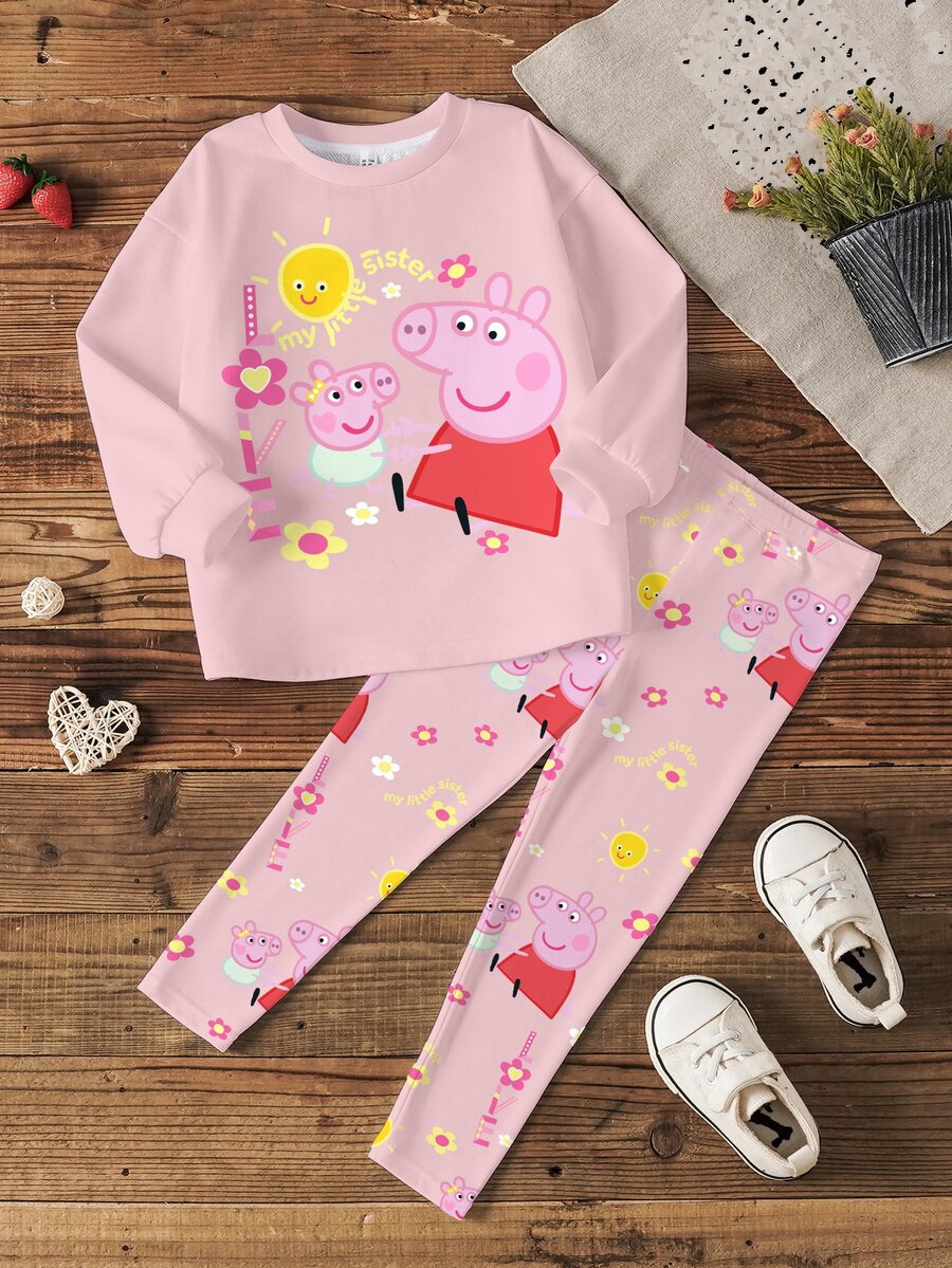 Peppa Pig X SHEIN طقم سويت شيرت بأكمام طويلة وطباعة كرتونية مع بنطلون ليقنز للبنات الصغيرات - أبيض - مشاهدة 1