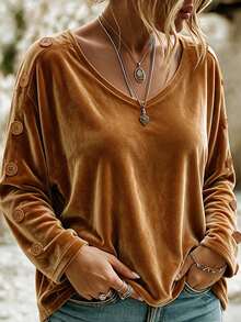 Weeklong Plus Size Women's Autumn/Winter Caramel Gold Velvet Long Sleeve Top, V-Neck Side Metal Button Loose Drape T-Shirt, Minimalist Luxury Style, Suitable For Commuting, Daily Wear, Party Layering - Brown - View 4