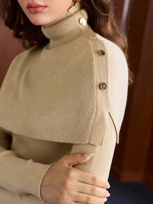 Anewsta Essential Setelan Rajut Bergaris 2 Potong Wanita dengan Kerah Tinggi, Desain Kancing Kerah Syal yang Dapat Dilepas, Sweater Lapisan Dasar Lengan Panjang Pas Badan, Atasan Dalaman Elegan untuk Musim Gugur/Dingin - Khaki - View 1