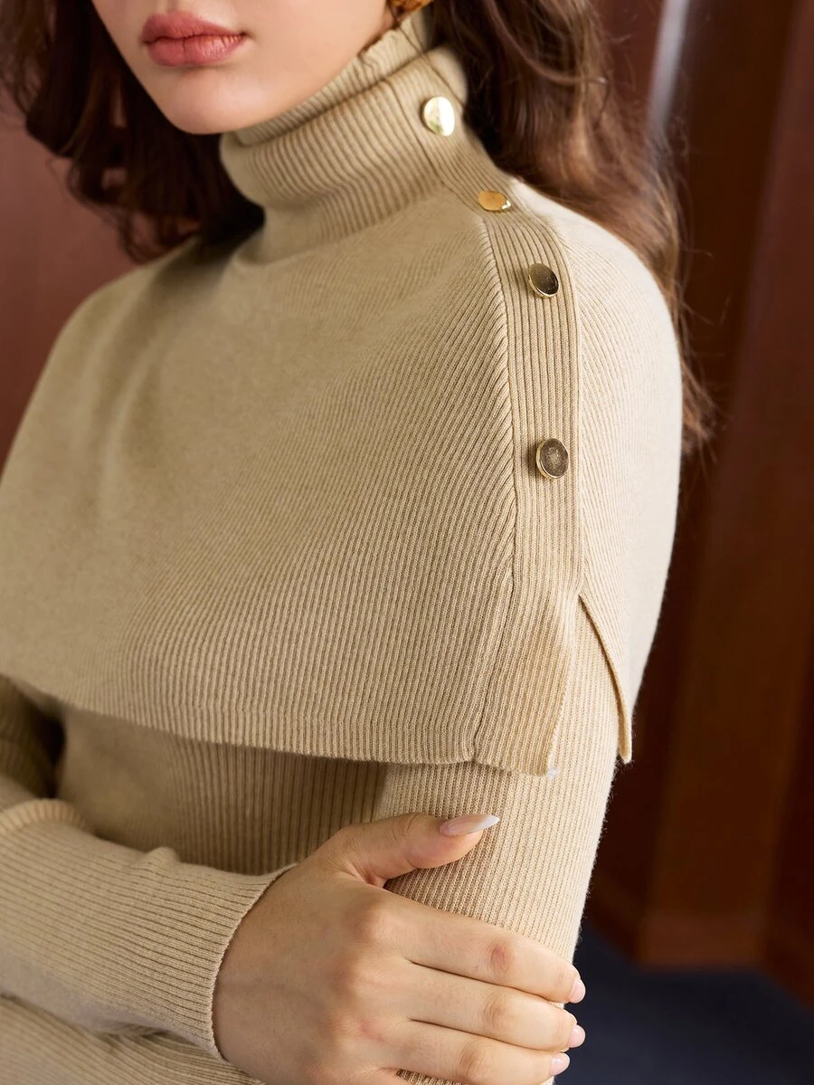 Anewsta Essential Setelan Rajut Bergaris 2 Potong Wanita dengan Kerah Tinggi, Desain Kancing Kerah Syal yang Dapat Dilepas, Sweater Lapisan Dasar Lengan Panjang Pas Badan, Atasan Dalaman Elegan untuk Musim Gugur/Dingin - Khaki - View 1