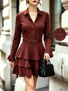 SHEIN Spring Coffee-Colored Long Sleeve Dress, Flared Sleeves With Multi-Layered Ruffle Hem And Waist Belt, Elegant Style, Suitable For Graduation, Christmas, Commuting, Vacation And Other Occasions. Women's Elegant Dress - Coffee - View 4