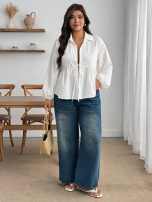 Enliva Plus Size Fall Long Sleeve Tie Front Peplum Blouse Apple - White - View 4