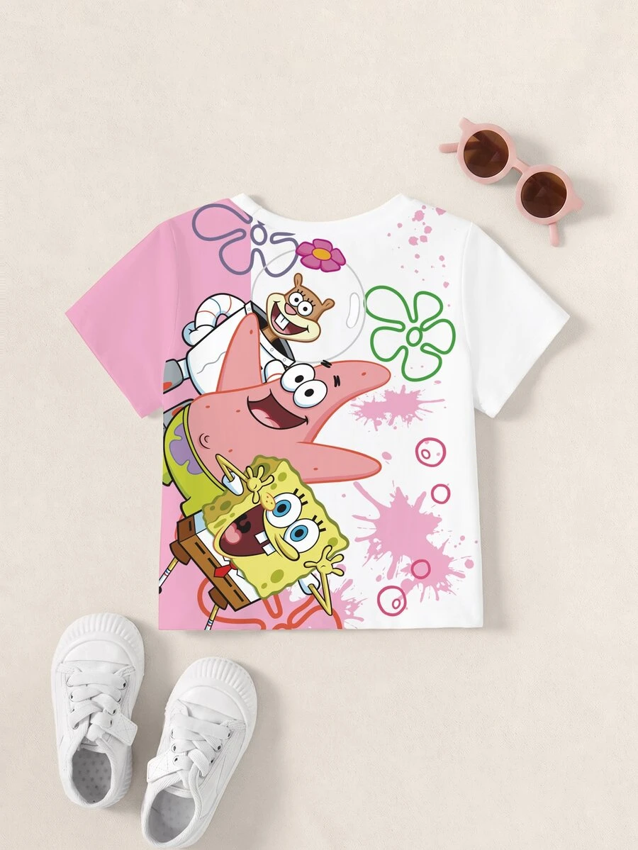 SpongeBob SquarePants | SHEIN Young Girl Cartoon Print Casual Daily Short Sleeve T-Shirt - White - View 1