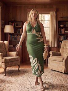 CAJUNI Plus Size Women's Tropical Plant Print Sexy Halter Neck Vacation Dress - Green - View 4