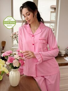 Snug Reverie Women's 100% Pure Cotton Pink Romantic Ruffle Trim Party Open Front Loungewear Set - Pink - View 4