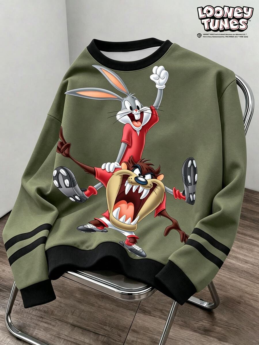 LOONEY TUNES X SHEIN Daypath 男士秋冬圓領長袖卡通角色印花拼接撞色運動衫 - 橄欖綠 - 查看 1