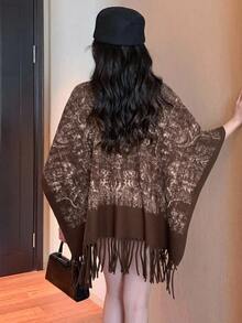 Joudiya Autumn Commute Elegant Office Shawl Jacket With Tassel Decoration And Floral Pattern For Women, Wool - Brown - View 4
