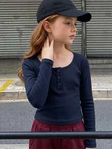Hapijoa Tween女孩黑色修身長袖半鈕扣前襟內搭圓領T恤，秋季 - 藏蓝色 - 查看 6