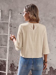 EMERY ROSE Kemeja Wanita Leher Bulat Lengan 3/4 Kancing Bawah Desain 100% Katun Linen Kasual Boho Liburan Warna Beige Musim Gugur - Aprikot - View 2