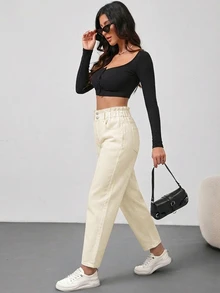 SHEIN Tall 女款荷葉邊腰頭口袋休閒錐形牛仔褲 - 杏色 - 查看 3