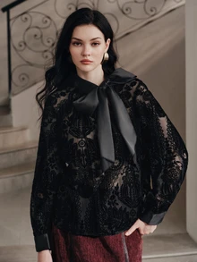 Anewsta Modern Retro Style Lantern Sleeve Random Floral Print Collar Silk Bow Design Fabric Women's Blouse - Black - View 4