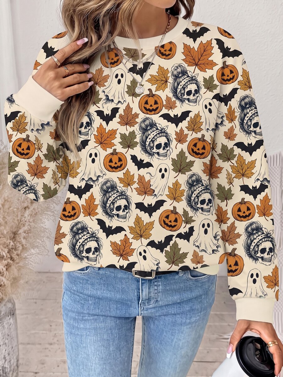 Comfylo Women's Halloween Pumpkin Print Long Sleeve Crew Neck Pullover Sweatshirt (Autumn/Winter) Casual Minimalist Plus Size Sweatshirt,Fall - Multicolor - View 1