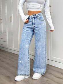 SHEIN PETITE CURVE Celana Jeans Denim Ukuran Besar dengan Saku, Kancing, dan Resleting untuk Musim Gugur/Dingin (Format, Bisnis, Chic, Basic, Goth, Halloween, Natal, Festival) PETITE CURVE Payet dan Rhinestone - Biru - View 4