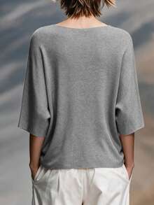 Omancia Women's Elegant Commute One-Shoulder Boat Neck Loose Batwing Knit Top - Light Grey - View 2