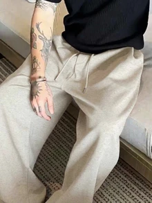 DAZY 春秋款男士棕色鬆弛版型彈性腰褶皺設計運動長褲 - 灰色 - 查看 4