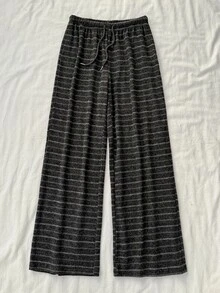 Attitoon Casual Minimalist Style Black & Grey Striped Knit Drawstring Sweatpants For Women, Suitable For Autumn/Winter - Multicolor - View 5