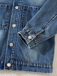 SHEIN Young Boy Autumn/Winter New Casual Minimalist Fashion Washed Denim Woven Solid Color Hooded Jacket - Blue - View 7