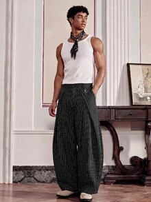 NORVETH Celana Panjang Pria Motif Garis-Garis Tipis dengan Lipatan, Saku, dan Kancing, Potongan Longgar - Hitam - View 2