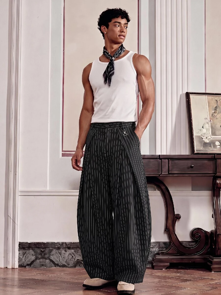NORVETH Men's Pinstripe Pattern Pleated Pocket Button Loose Fit Long Pants - Black - View 1