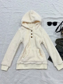 INAWLY Autumn/Winter Casual Slouchy Half-Button Hooded Fleece Sweatshirt, Kangaroo Pocket, Loose Drop Shoulder Fit, Soft Fleece Fabric, Suitable For Home, Casual, Shopping And Outings - Beige - View 3
