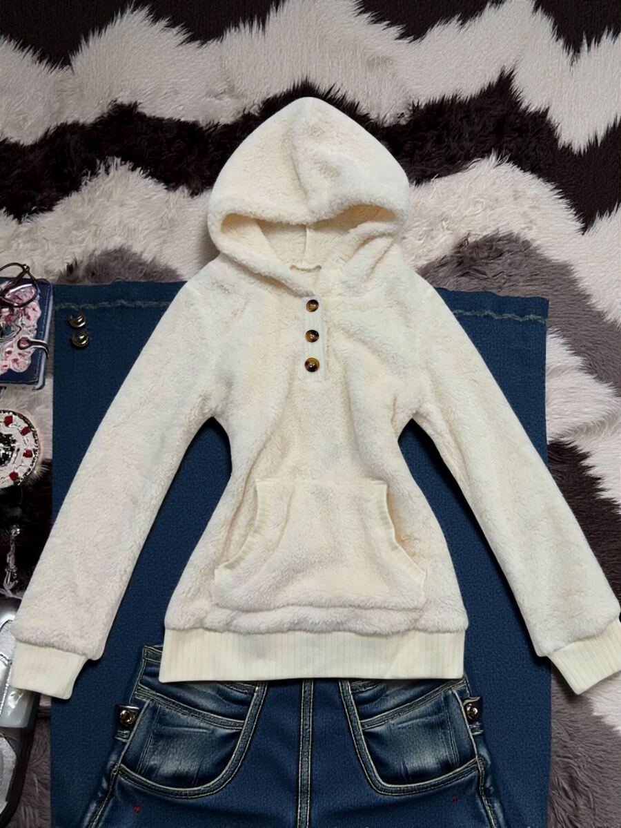 INAWLY Autumn/Winter Casual Slouchy Half-Button Hooded Fleece Sweatshirt, Kangaroo Pocket, Loose Drop Shoulder Fit, Soft Fleece Fabric, Suitable For Home, Casual, Shopping And Outings - Beige - View 1