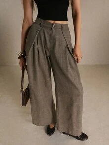 Poéselle Women's Plaid Pleated Fashion Commuter Wide Leg Suit Pants - Brown - View 8