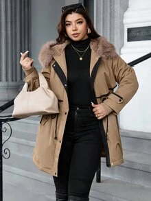 SHEIN Clasi 大尺碼女款毛絨拼接百褶時尚百搭冬季外套 - 駝色 - 查看 3