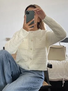 Livesso Women's White Round Neck Button Cable Knit Long Sleeve Slim Fit Ribbed Cardigan Sweater, Winter - White - View 5
