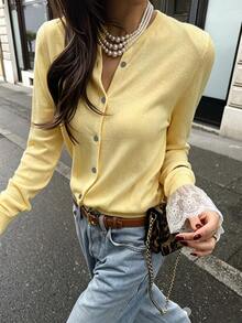Cévolie Cardigan Rajut Tipis Kancing Tunggal dengan Manset Renda Kontras untuk Wanita - Kuning - View 4