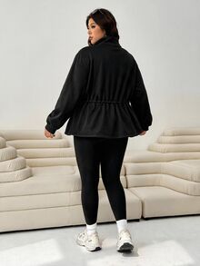 EMERY ROSE Plus Size Black Minimalist Zipper Cinched Waist Long Sleeve Sweatshirt Casual Fall/Winter - Black - View 4