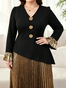 Modelyn Black Top With Gold Skirt, Elastic Waist, Versatile Fashionable Elegant Luxury Plus Size 2 Pieces Set - Black - View 4