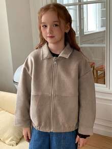 Hapijoa 休閒寬鬆領口夾克 秋季加厚 青少年女孩領口棕色麂皮夾克 - 卡其色 - 查看 3