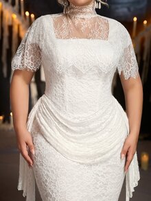 Aureia Plus Size Elegant Romantic Palace Style Beige Elastic Lace 2 Pieces Set Square Neck Slimming Ruched Design Mermaid Long Dress With Detachable Eyelash Lace Shawl, Suitable For Vacation, Ball, Evening Party, Wedding Event, Bridal Gown - White - View 5