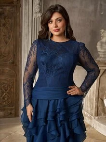 Aureia Plus Size Women's Long Sleeve Round Neck Elegant Romantic Navy Blue Lace Patchwork Organza Ruffle Hem Dress - Navy Blue - View 5