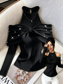 Selianne Women's Faux Pearl Decor Cold Shoulder Long Sleeve Ribbed Fashion T-Shirt - Black - View 1