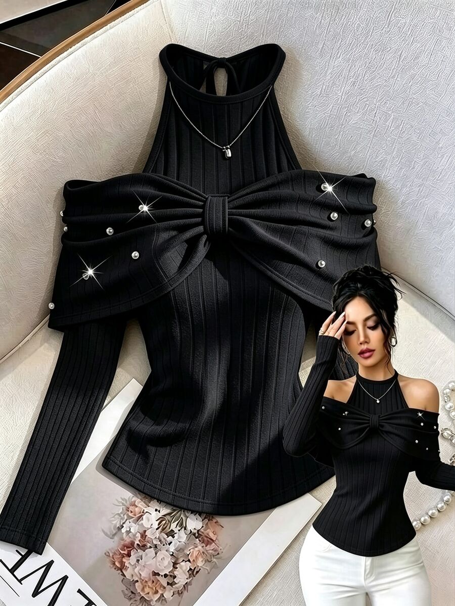 Selianne Women's Faux Pearl Decor Cold Shoulder Long Sleeve Ribbed Fashion T-Shirt - Black - View 1
