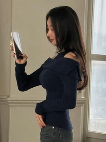 DAZY Women's Solid Color 2 In 1 Cold Shoulder Slim Fit Fashion T-Shirt Black Spring/Autumn - Navy Blue - View 8