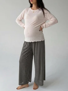 Dazy Maternity Solid Color Loose Long Sleeve Lace Trim T-Shirt & Wide Leg Pants Casual Vacation Daily Home Wear Spring Autumn Maternity 2 Pieces Set - Apricot - View 6