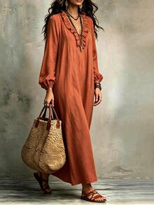 SHEIN Casual V-Neck Ruffle Loose Fit Maxi Dress For Women - Orange Red - View 3