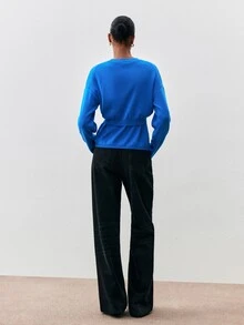 ATUI Studio Minimalist Versatile Round Neck Dropped Shoulder Long Sleeve Waist Horizontal Ribbed Cinched Loose Fit Casual Women's Sweater - Blue - View 3