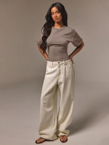 Athîral Women's Solid Color Round Neck Slimming Waist Fashion Versatile Short Sleeve Knit Top - Khaki - View 2